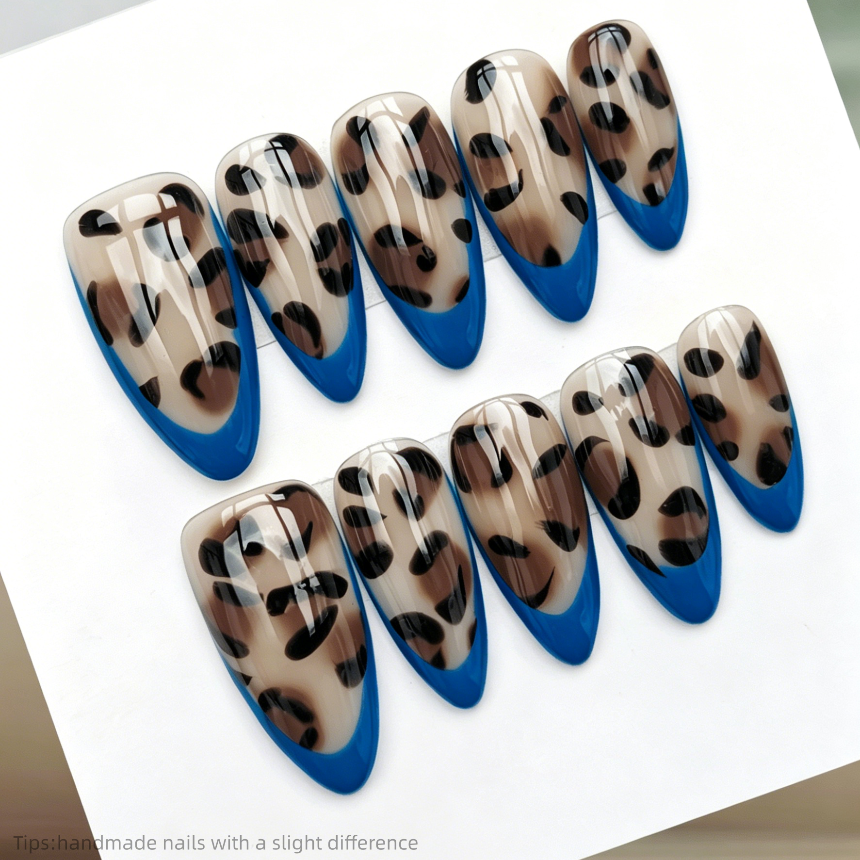 Nail Art Leopard - 10pcs Handmade Blue French Leopard Print