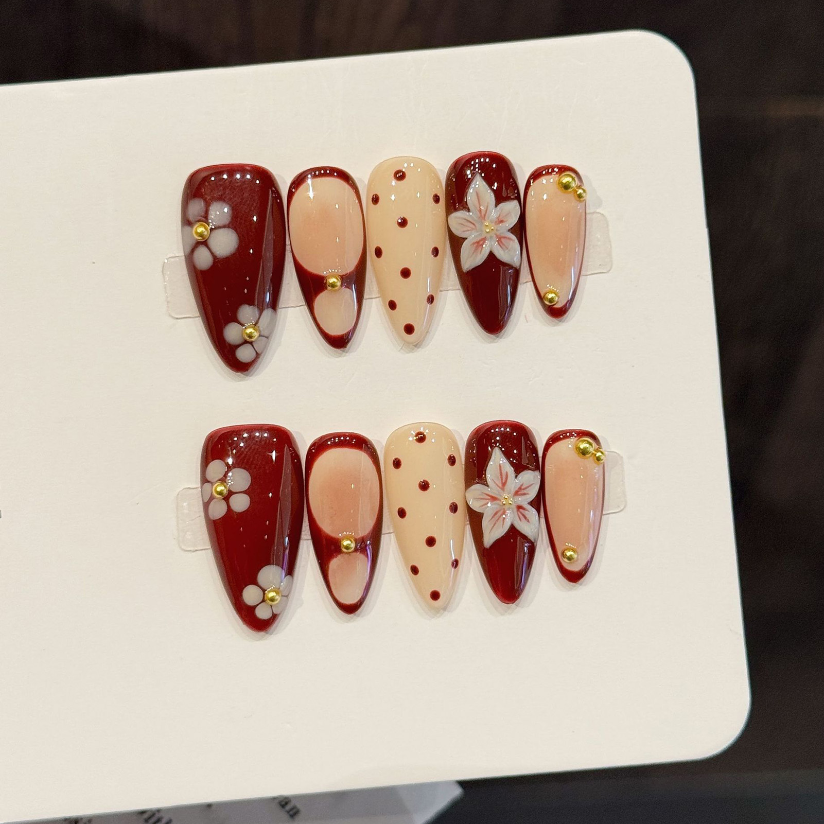Nail Art Design - 10pcs Handmade Wine Red French Press